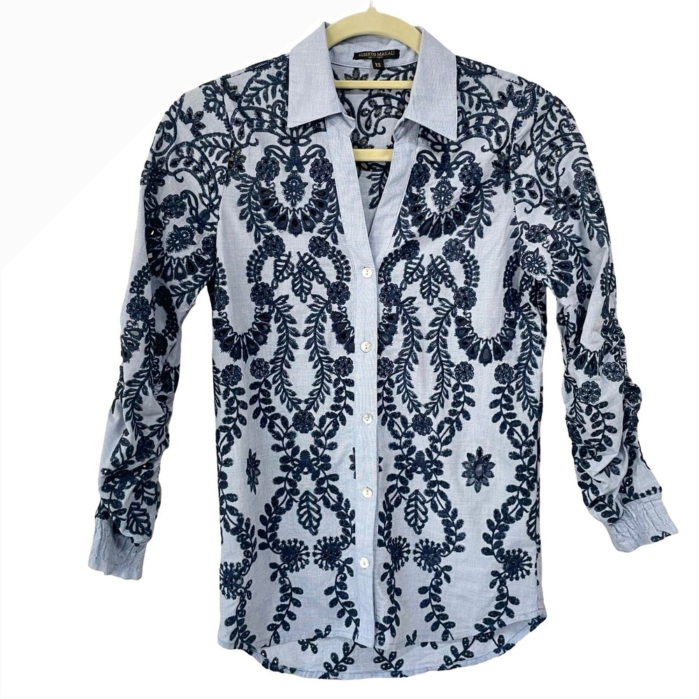 Alberto Makali Blue Navy Floral Embroidered Eyelet Button Front Blouse Sz XS